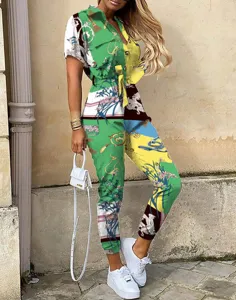 Damen Sommer lässig Kurzarm Revers Knöpfe Druck Gürtel Cargo Jumpsuit Mode Kleidung