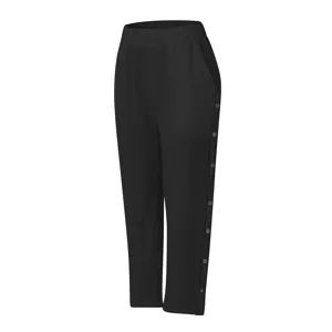 Schwarze Baumwoll-Leinen Casual Cropped Hose mit hoher Taille und dekorativen Knöpfen.
