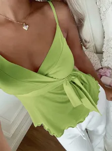 Green v-neck camisole top with lettuce trim and waist tie, sleeveless summer apparel.