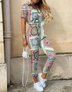 Damen vintage print kurzarm jumpsuit mit gürtel lässig revers knopf lange hose