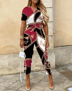 Damen lässiger Revers Knopf gedruckter Gürtel Jumpsuit Hosen Detailansicht Barock Stil.