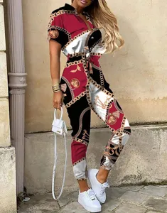 Damen Sommer Freizeit Revers Kragen Knopf Kette Druck Jumpsuit mit Gürtel Cargohose