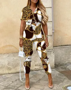 Damen Kurzarm Ketten Leopardenmuster Jumpsuit lässiger Knopfgürtel Strampler Outfit