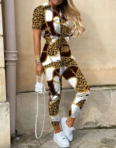Damen Kurzarm Revers Knopf Kette Leopard Druck Overall Mode Freizeit lange Hosen neu