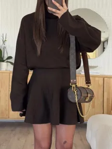 Women knit sweater and short skirt set autumn winter casual long sleeve outfit brown
