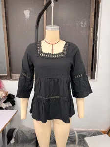 Top de verano para mujer casual cuello cuadrado liso algodón lino encaje patchwork manga 3/4