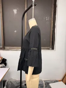 Blusa mujer verano color sólido cuello cuadrado algodón lino encaje manga 3/4 top casual