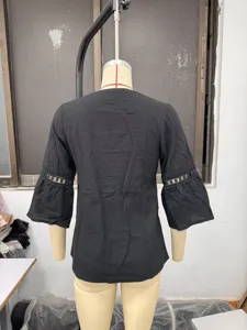 Mujer Verano Color Sólido Casual Lino Encaje Patchwork 3/4 Manga Elegante Blusa