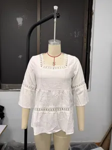 Verano color sólido cuello cuadrado encaje patchwork manga 3/4 blusa lino casual mujer