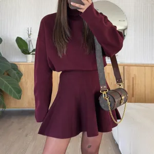 Women Casual Vacation Style Sweater Knit Long Sleeve Top And Skirt Set Solid Color Elegant Fall Winter Outfit