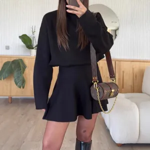 Women casual black long sleeve knit sweater and flare short skirt set for autumn winter style new 2025