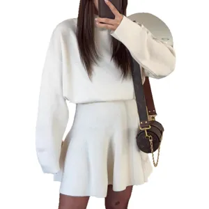Women knit two piece set long sleeve sweater and pleated skirt winter outfit main view