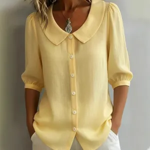 Womens short sleeve yellow linen blouse with peter pan collar and buttons, loose summer top.