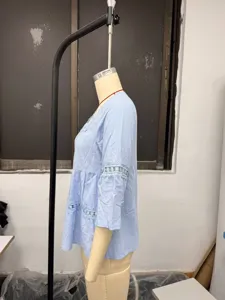 Top mujer azul claro cuello cuadrado casual lino encaje patchwork manga 3/4 verano