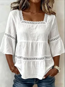Detalle blusa blanca mujer cuello cuadrado encaje manga 3/4 lino algodón verano casual top