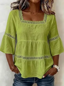 Mujer Verano Casual Cuello Cuadrado Lino Encaje Patchwork 3/4 Manga Lisa Blusa Top