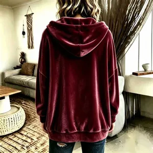 Women solid color velvet hooded long sleeve casual zip up hoodie jacket for autumn winter style