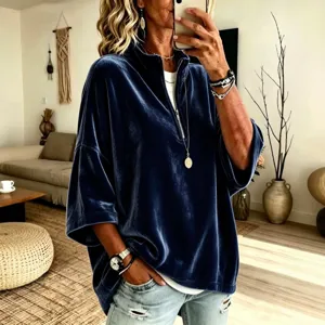 Top donna velluto mezza zip collo alto maniche 3/4 largo stile blu scuro casual.
