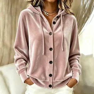 Modische Damen Rosa Samt Kapuze Cardigan Langarm Mit Knöpfen Casual Outwear Top