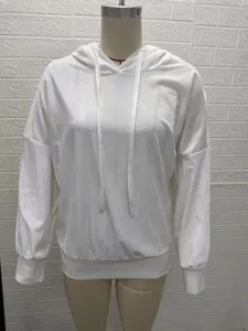 Detailed view of women's solid color Korean velvet hooded drawstring long sleeve top.