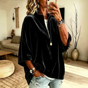 Donna autunno inverno top in velluto maniche tre quarti mezza zip pullover comodo