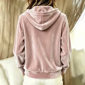 Rosa Samt Kapuzenjacke für Damen, stylische Langarm Freizeit Oberbekleidung Detail.
