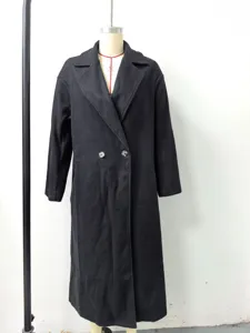 Women long wool coat detail view, classic double breasted design with lapel collar.