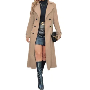 Damen camel wollmischung doppelreihiger langer trenchcoat wintermantel ganzkoerper ansicht