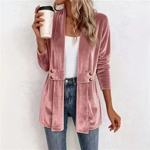 Cardigan Rosa In Velluto Da Donna A Maniche Lunghe Doppio Petto Top Casual Elegante