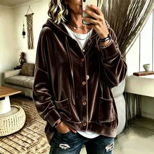 Casual brown velvet hooded cardigan for women, long sleeve button-up outerwear piece.