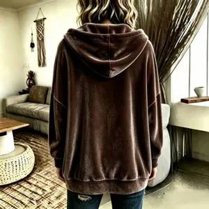 Back view detail of women solid brown velour hooded cardigan jacket, soft plush long sleeve.
