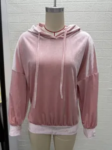 Women pink velvet solid color hooded long sleeve drawstring casual top for autumn winter.