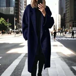 Women long navy blue wool coat oversized trench coat winter outerwear stylish fashion apparel