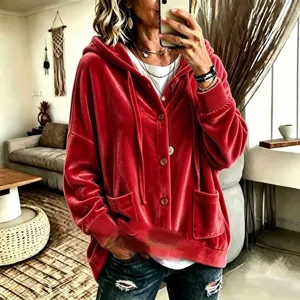 Women solid color gold velvet hooded cardigan long sleeve button up casual jacket autumn