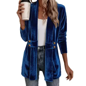 Donna cardigan in velluto blu manica lunga cappotto aperto casual moda chic abbigliamento