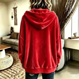 Red velvet hoodie women casual long sleeve zip up outerwear winter fashion basic solid top