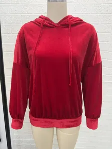 Details of women long sleeve velvet hoodie with drawstring, casual solid color pullover top.