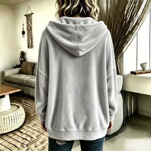 Casual solid color hooded gold velvet long sleeve cardigan jacket back detail view for women.