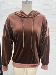 Brown velvet long sleeve hooded sweatshirt for women, casual autumn winter pullover top.