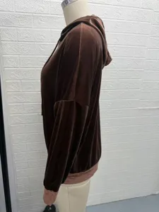 Women's velvet hooded long sleeve top casual solid color drawstring pullover autumn winter fashion.