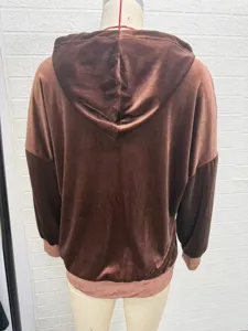 Back view of women solid color velvet hooded long sleeve top, soft autumn winter fashion.