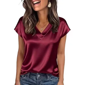 Damen Casual Satin T-Shirt Sommer V-Ausschnitt Kurzarm Einfarbig Pullover Elegantes Basic Büro Oberteil