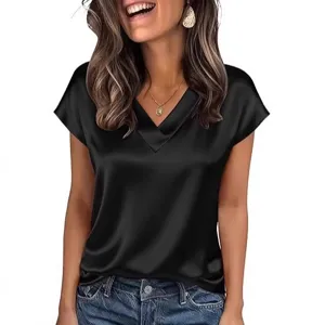 Damen Elegantes Satin V-Ausschnitt Kurzarm Freizeit T-Shirt Einfarbig Sommer Basic Top