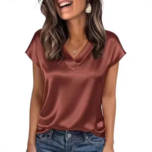 Damen Satin V-Ausschnitt Kurzarm Oberteil einfarbig Sommer Bluse T-Shirt Freizeit Mode