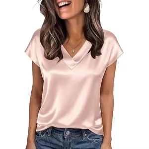Elegante Damen Satin V-Ausschnitt Kurzarm Top lässige einfarbige schöne Sommer Bluse
