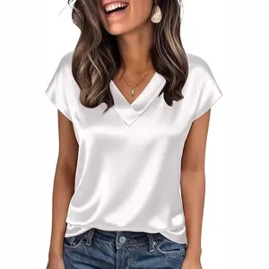 Damen Satin V-Ausschnitt Kurzarm T-Shirt Sommer Einfarbig Freizeit Pullover Oberteil Mode