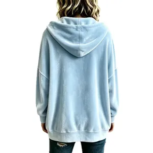 Women velvet hooded cardigan jacket solid color casual autumn winter outerwear back view