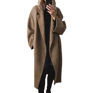 Women's long wool blend trench coat winter outerwear casual oversized lapel jacket