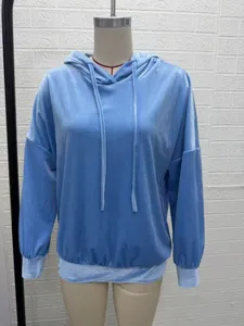 Women light blue velvet hoodie long sleeve casual fleece pullover top detail display.