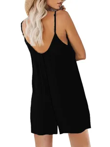 Mujer verano casual color sólido mono tirantes suelto corto sin mangas jumpsuit
